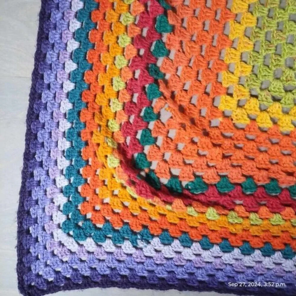 Handmade Crochet rainbow blanket art‎ square vibrant colors Tapestry